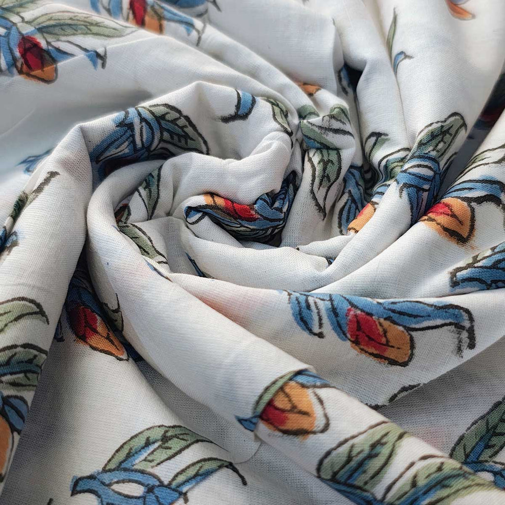Handmade Bagru Print Textile –  White Floral Print Cotton Material