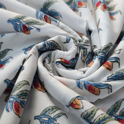 Sanganeri Hand Block Print Cotton Fabric – White Floral Print