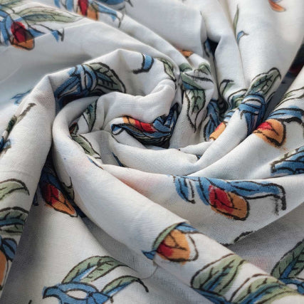 Handmade Bagru Print Textile –  White Floral Print Cotton Material