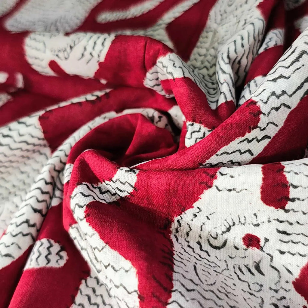 Sanganeri Hand Block Print Cotton Fabric – Red Tiger Print