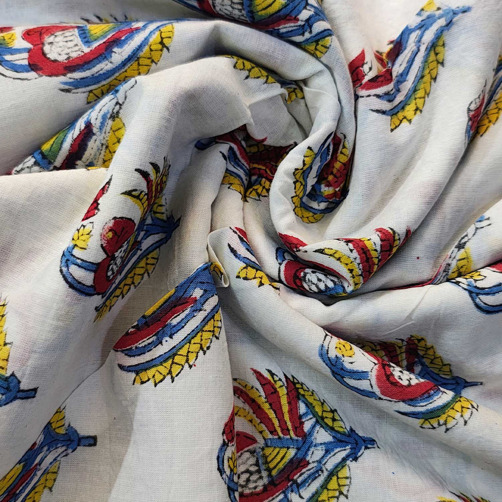 Handmade Bagru Print Textile – White Floral Print Cotton Material