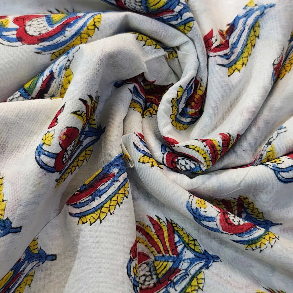 Sanganeri Hand Block Print Cotton Fabric – White Floral Print