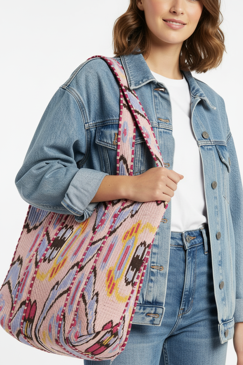 Person holding a colorful patterned bag with a denim jacket and jeans.