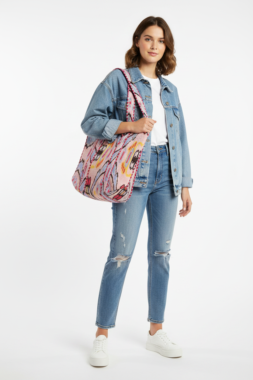 Woman wearing a denim jacket and jeans, holding a colorful bag on a white background
