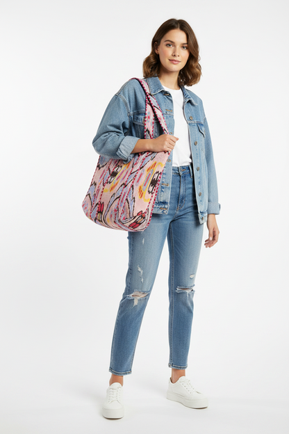 Woman wearing a denim jacket and jeans, holding a colorful bag on a white background