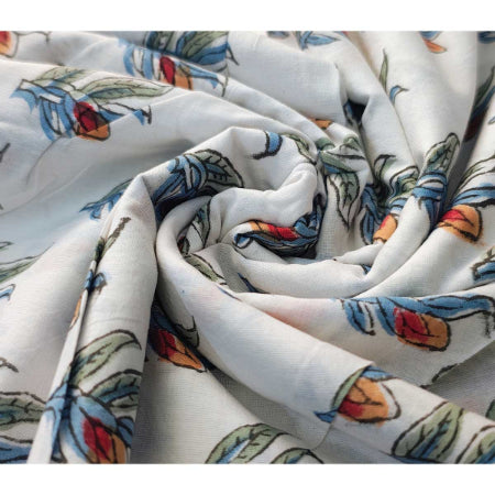 Sanganeri Hand Block Print Cotton Fabric – White Floral Print