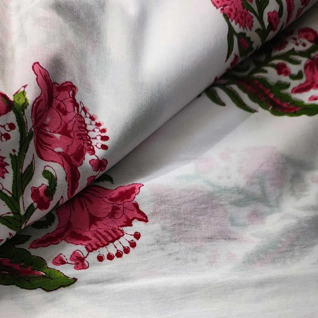 Sanganeri Hand Block Print Cotton Fabric – White Floral Print