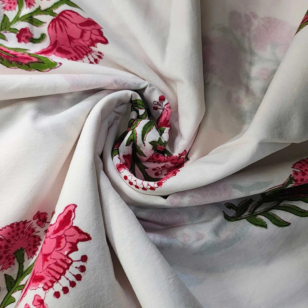Sanganeri Hand Block Print Cotton Fabric – White Floral Print
