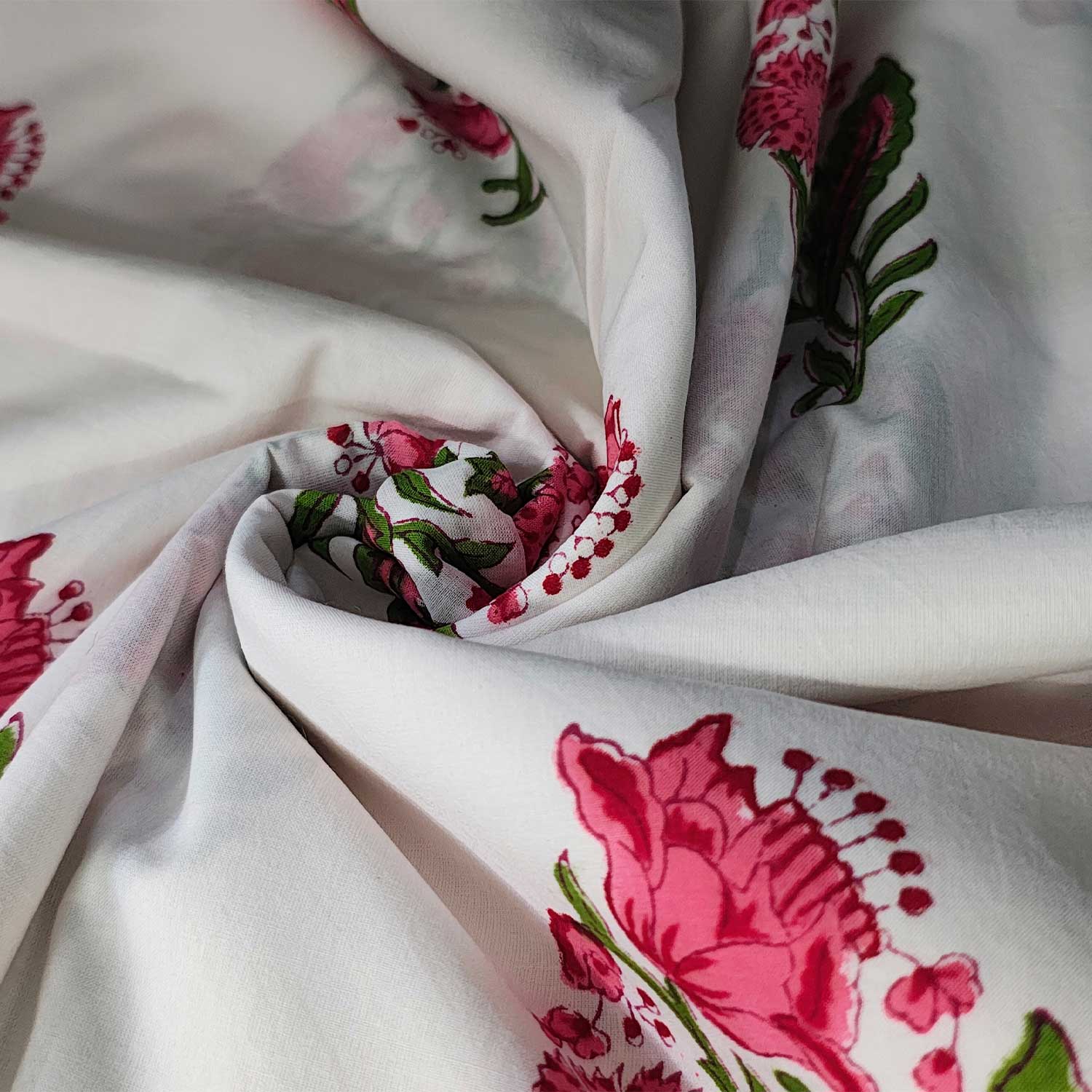 Close-up of white fabric with pink floral patterns