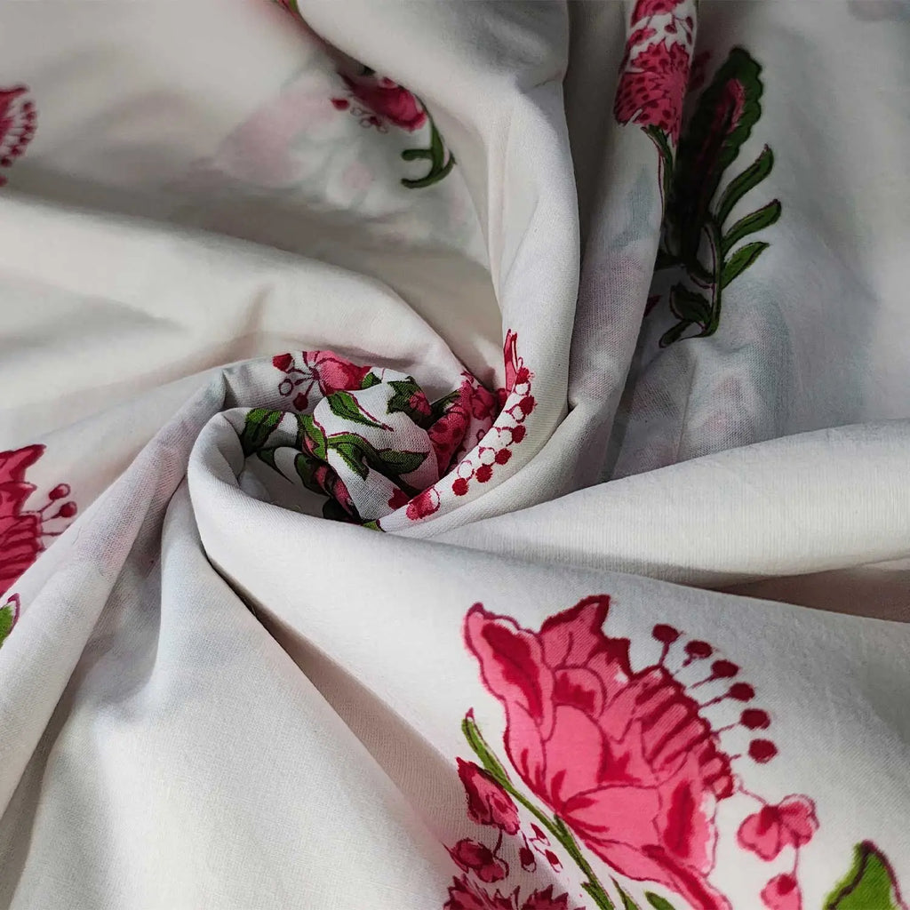 Sanganeri Hand Block Print Cotton Fabric – White Floral Print