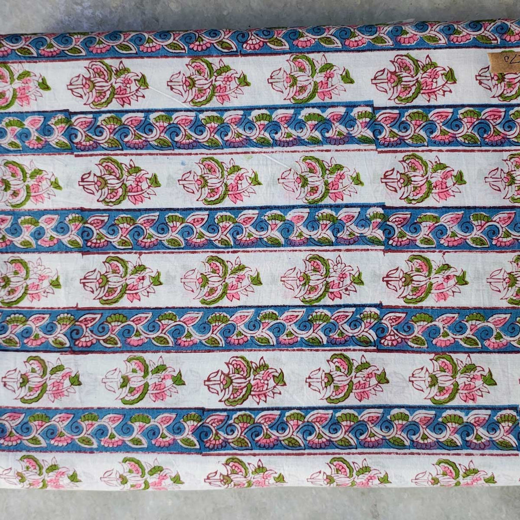 Handmade Bagru Print Textile –  White And Blue Floral Print Cotton Material