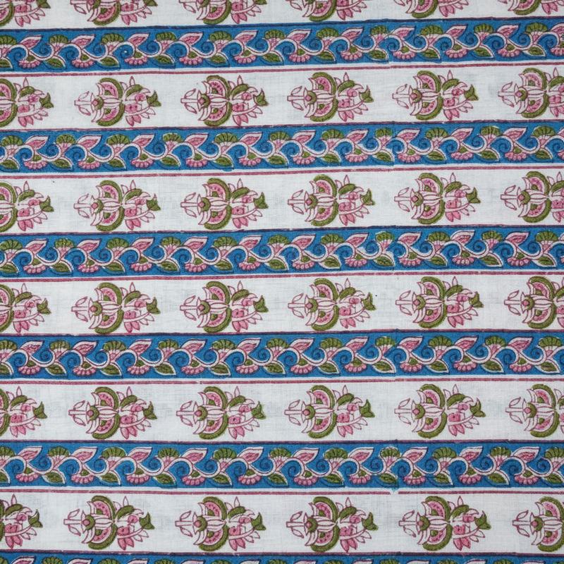 Sanganeri Hand Block Print Cotton Fabric – White And Blue Floral Print