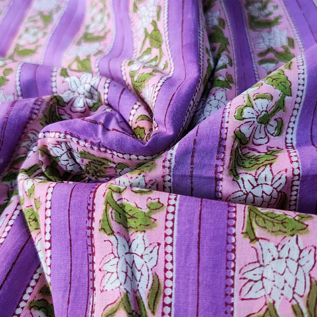 Sanganeri Hand Block Print Cotton Fabric – Purple Floral Print