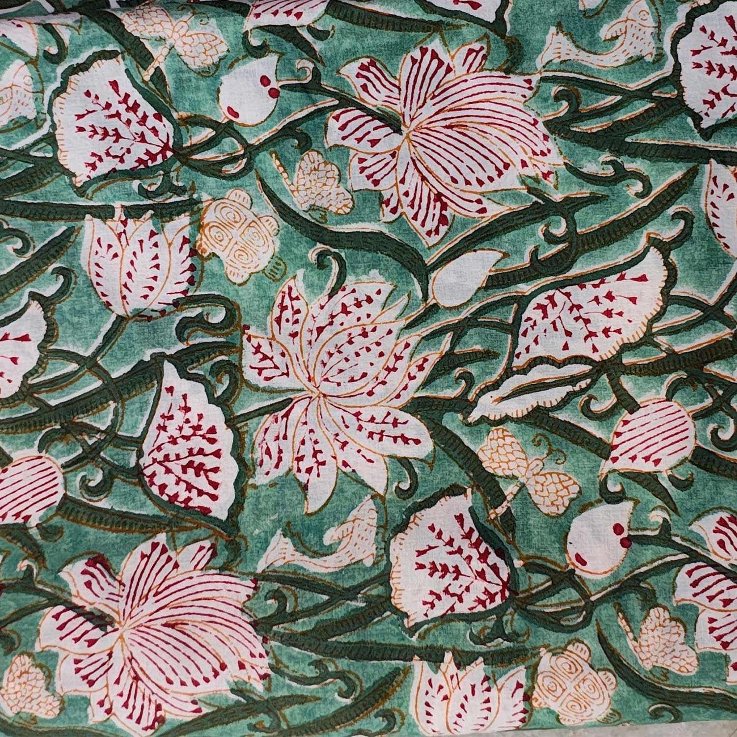 Handmade Bagru Print Textile – Green Floral Print Cotton Material