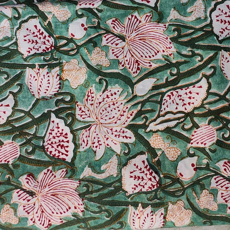 Sanganeri Hand Block Print Cotton Fabric – Green Floral Print