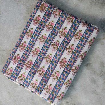 Handmade Bagru Print Textile –  White And Blue Floral Print Cotton Material