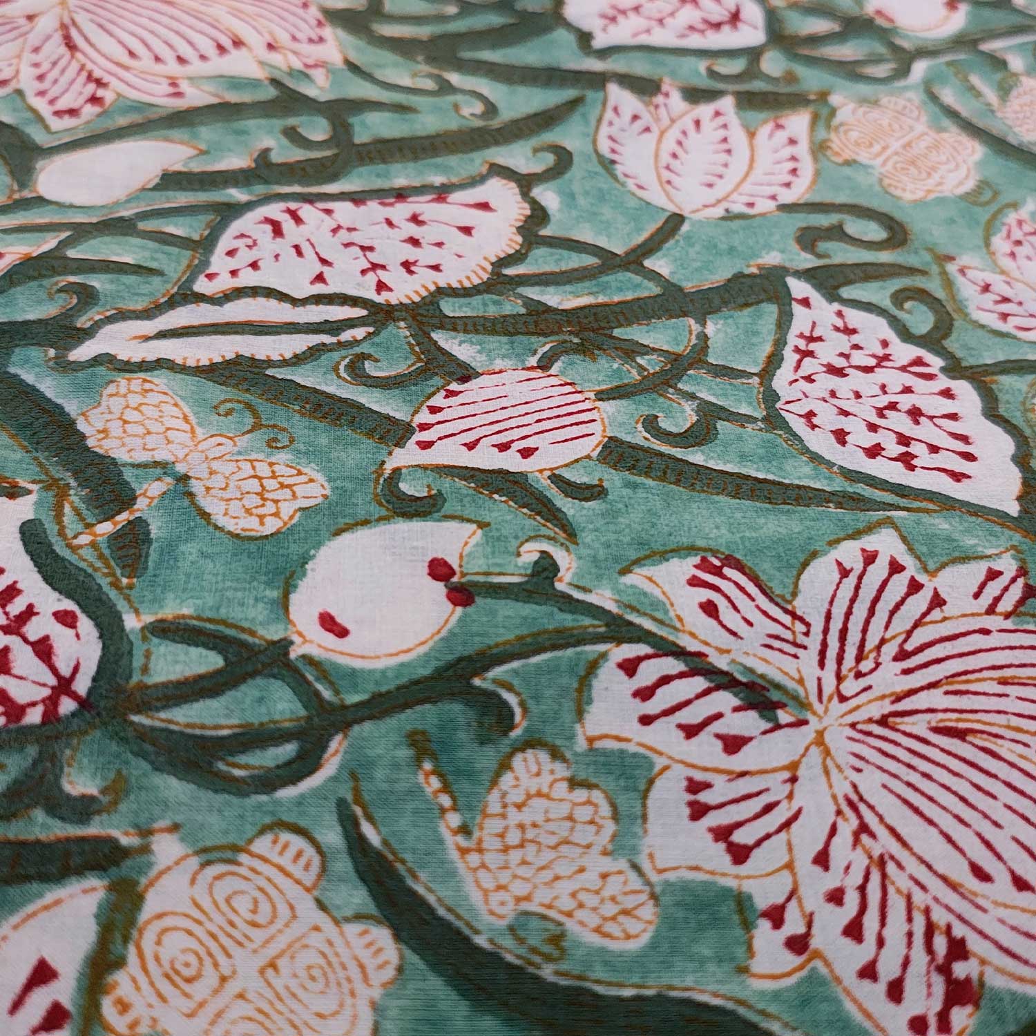 Handmade Bagru Print Textile – Green Floral Print Cotton Material