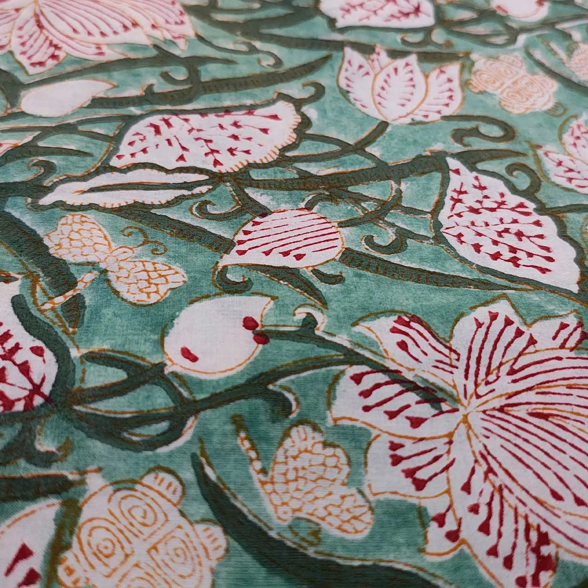 Sanganeri Hand Block Print Cotton Fabric – Green Floral Print