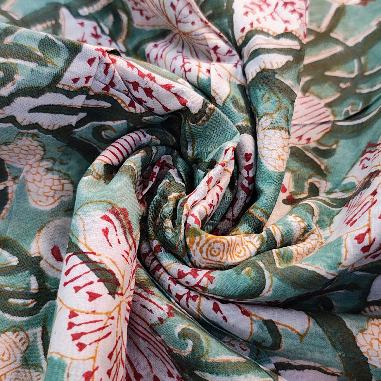 Handmade Bagru Print Textile – Green Floral Print Cotton Material