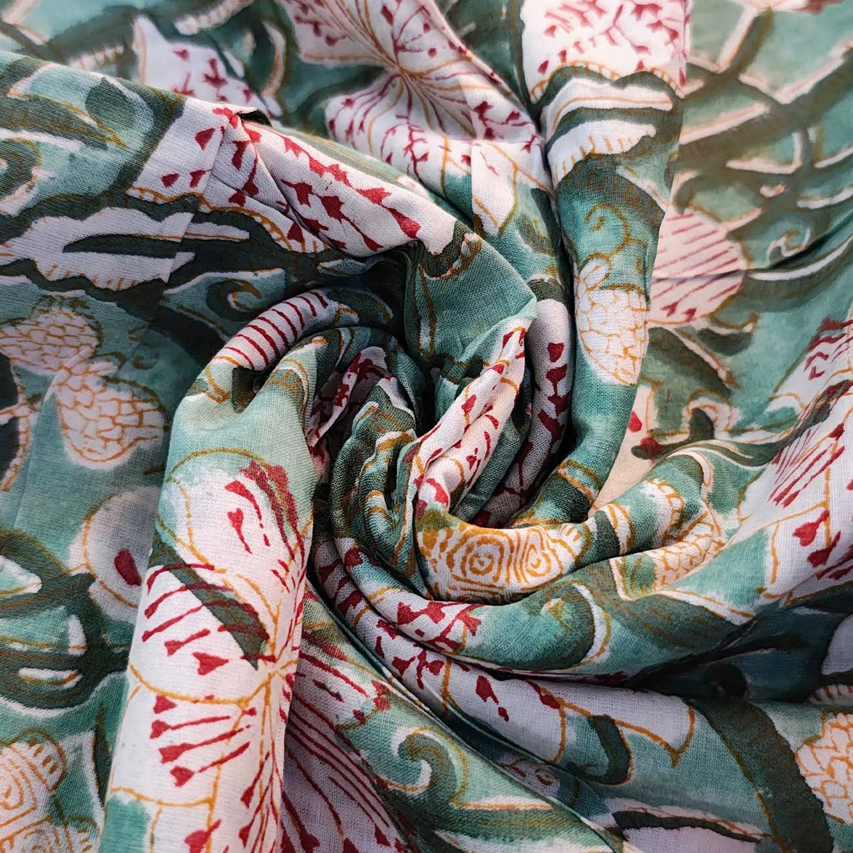 Sanganeri Hand Block Print Cotton Fabric – Green Floral Print
