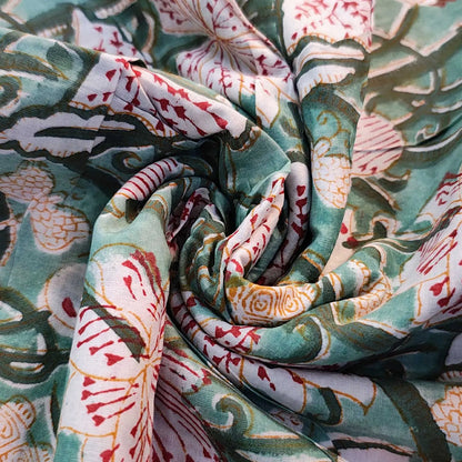 Sanganeri Hand Block Print Cotton Fabric – Green Floral Print
