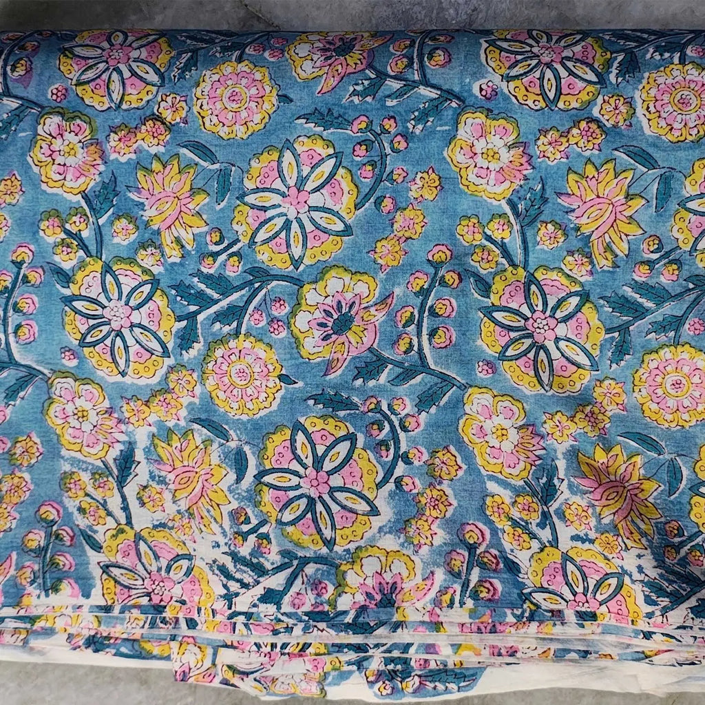 Sanganeri Hand Block Print Cotton Fabric – Light Blue Floral Print