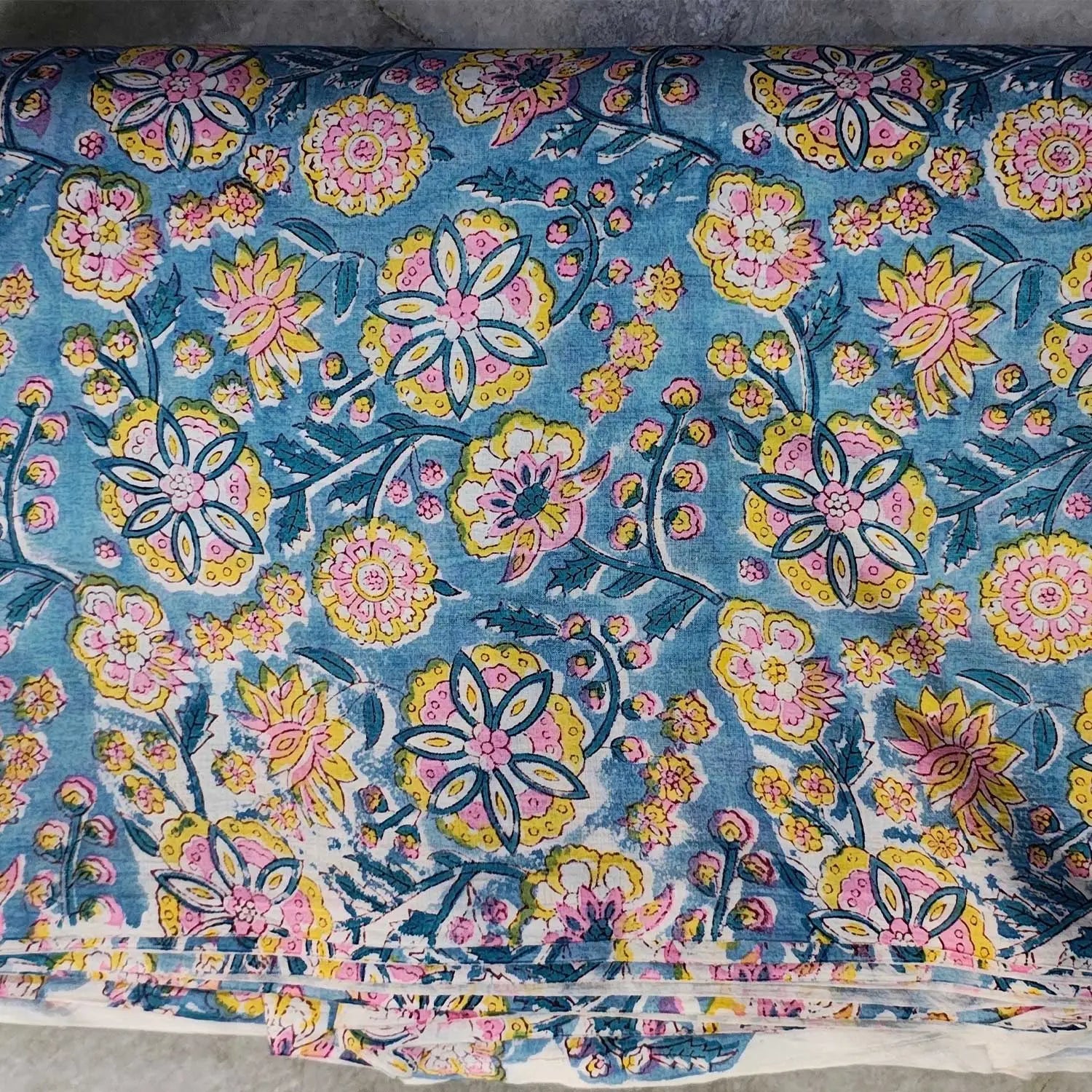Handmade Bagru Print Textile – Light Blue Floral Print Cotton Material