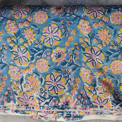 Sanganeri Hand Block Print Cotton Fabric – Light Blue Floral Print
