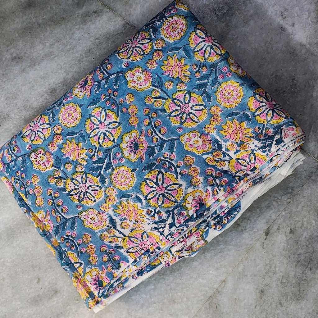 Sanganeri Hand Block Print Cotton Fabric – Light Blue Floral Print