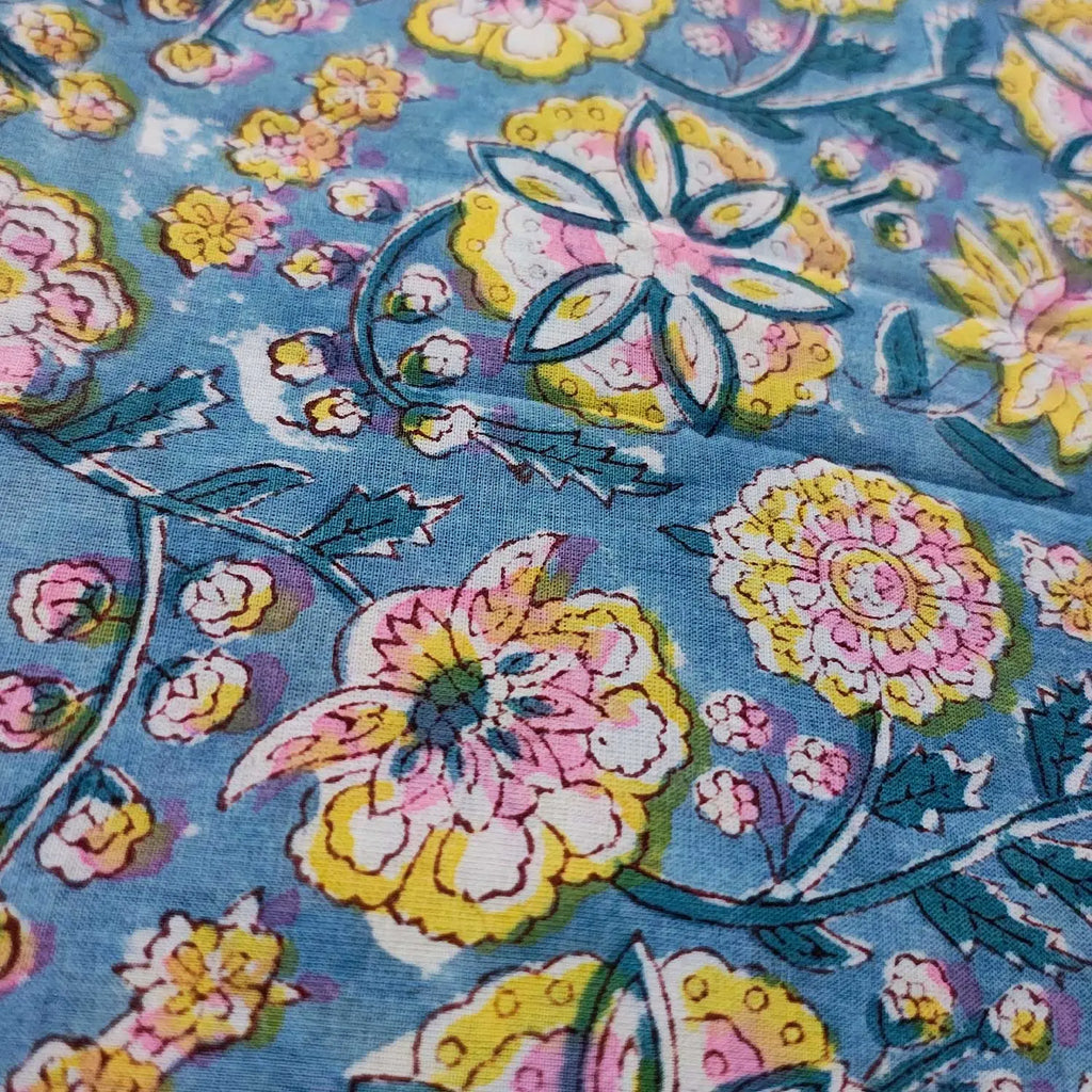 Sanganeri Hand Block Print Cotton Fabric – Light Blue Floral Print