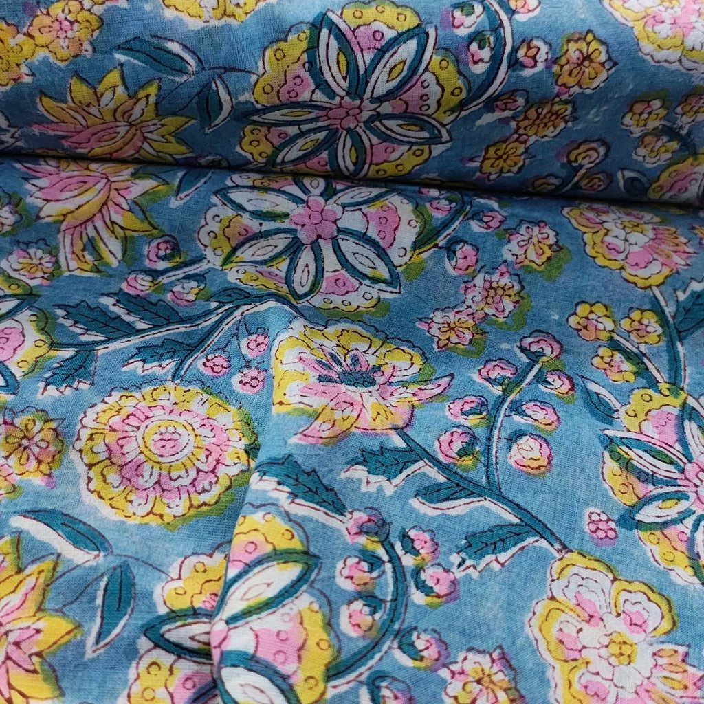 Sanganeri Hand Block Print Cotton Fabric – Light Blue Floral Print