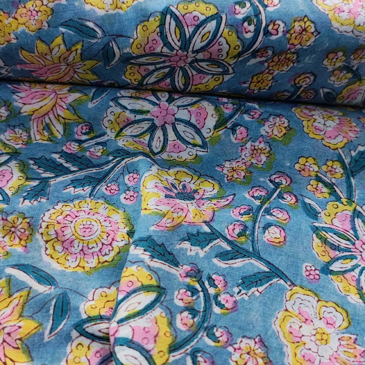 Sanganeri Hand Block Print Cotton Fabric – Light Blue Floral Print