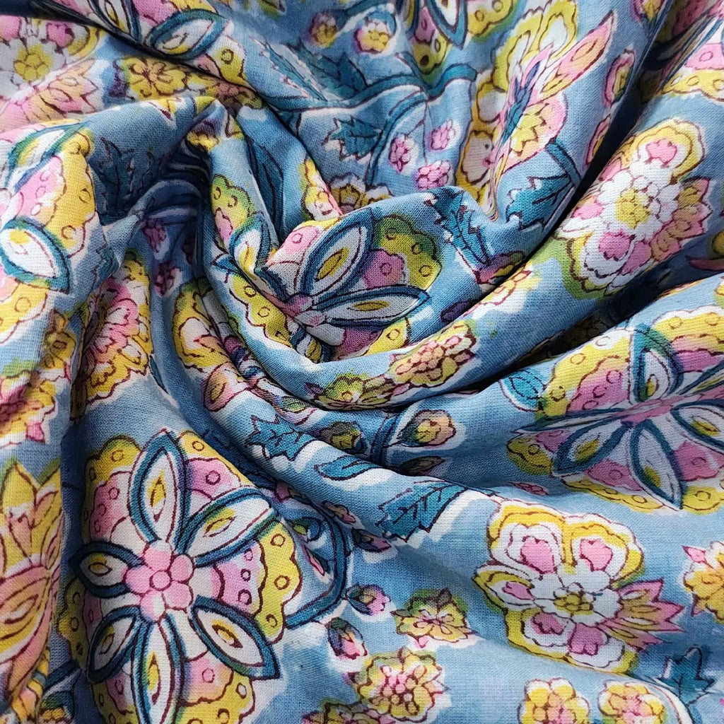 Sanganeri Hand Block Print Cotton Fabric – Light Blue Floral Print
