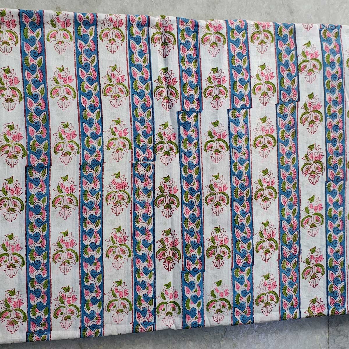 Handmade Bagru Print Textile –  White And Blue Floral Print Cotton Material
