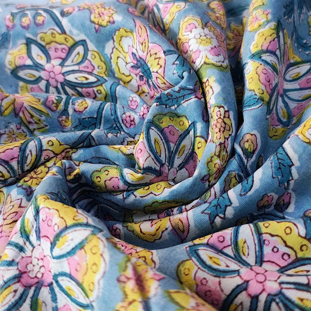 Sanganeri Hand Block Print Cotton Fabric – Light Blue Floral Print