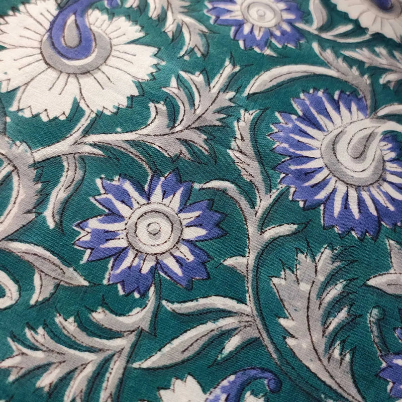 Sanganeri Hand Block Print Cotton Fabric – Blue Floral Print