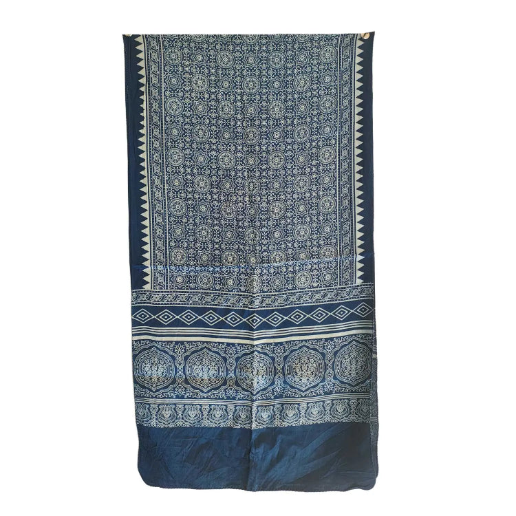 Ajrakh Hand Block Print Navy Color Viscose Stole | Traditional Geometric Print | L220 X W55 cm