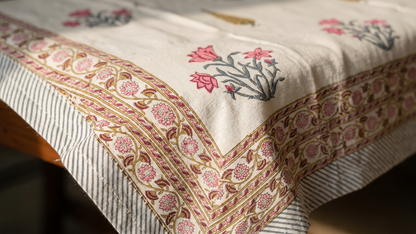 Sanganeri Hand Block Print Cotton Tablecloth 90x108, Pink Floral Mughal Buta Table Cover, 8 Seater Indian Dining Linen, Handmade Gif