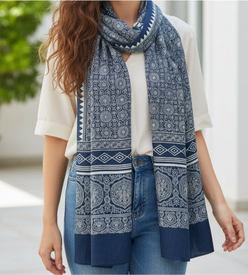 Ajrakh Hand Block Print Navy Color Viscose Stole | Traditional Geometric Print | L220 X W55 cm