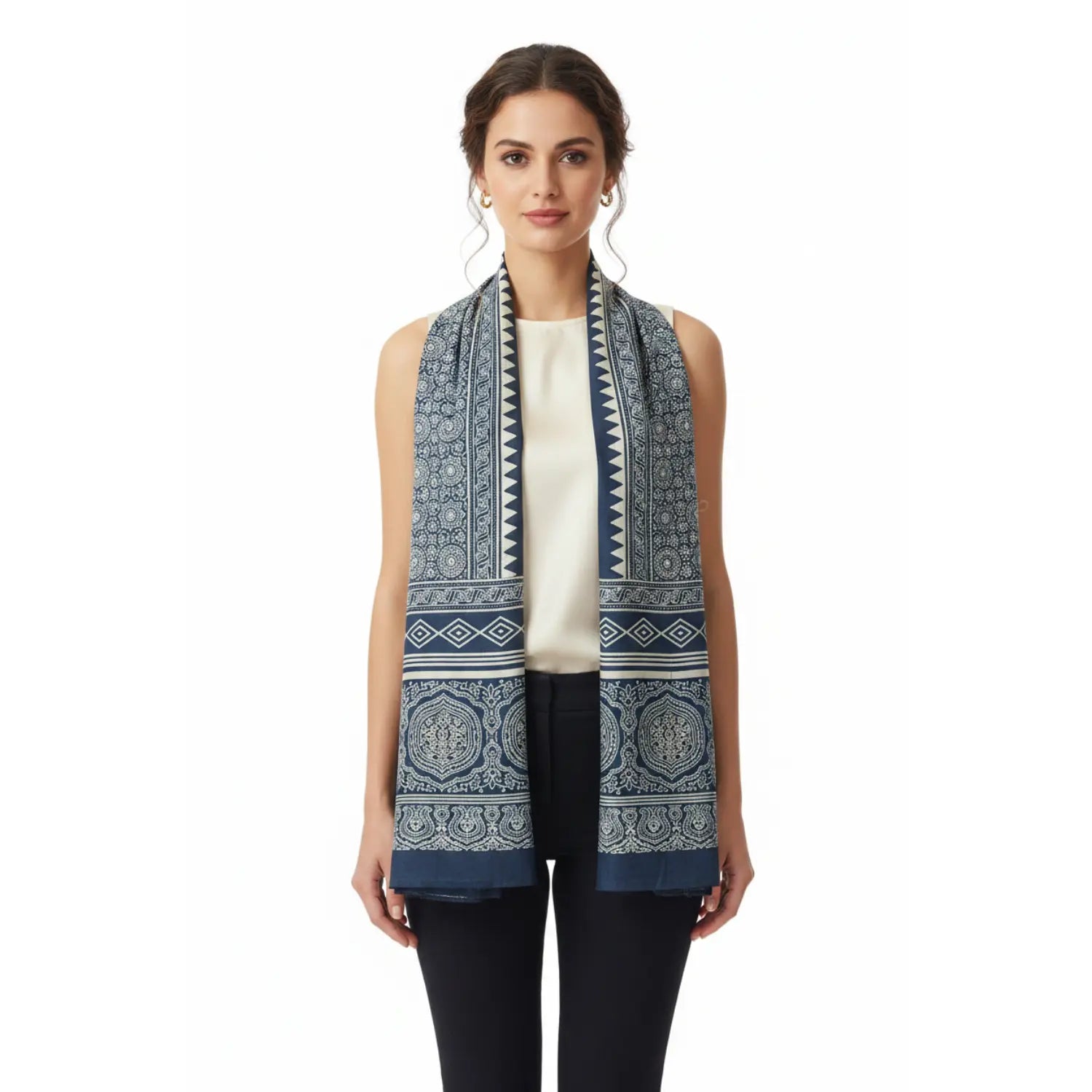 Ajrakh Hand Block Print Navy Color Viscose Stole | Traditional Geometric Print | L220 X W55 cm