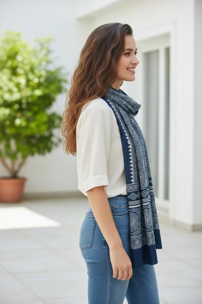 Ajrakh Hand Block Print Navy Color Viscose Stole | Traditional Geometric Print | L220 X W55 cm