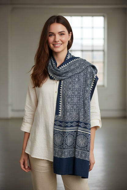 Ajrakh Hand Block Print Navy Color Viscose Stole | Traditional Geometric Print | L220 X W55 cm