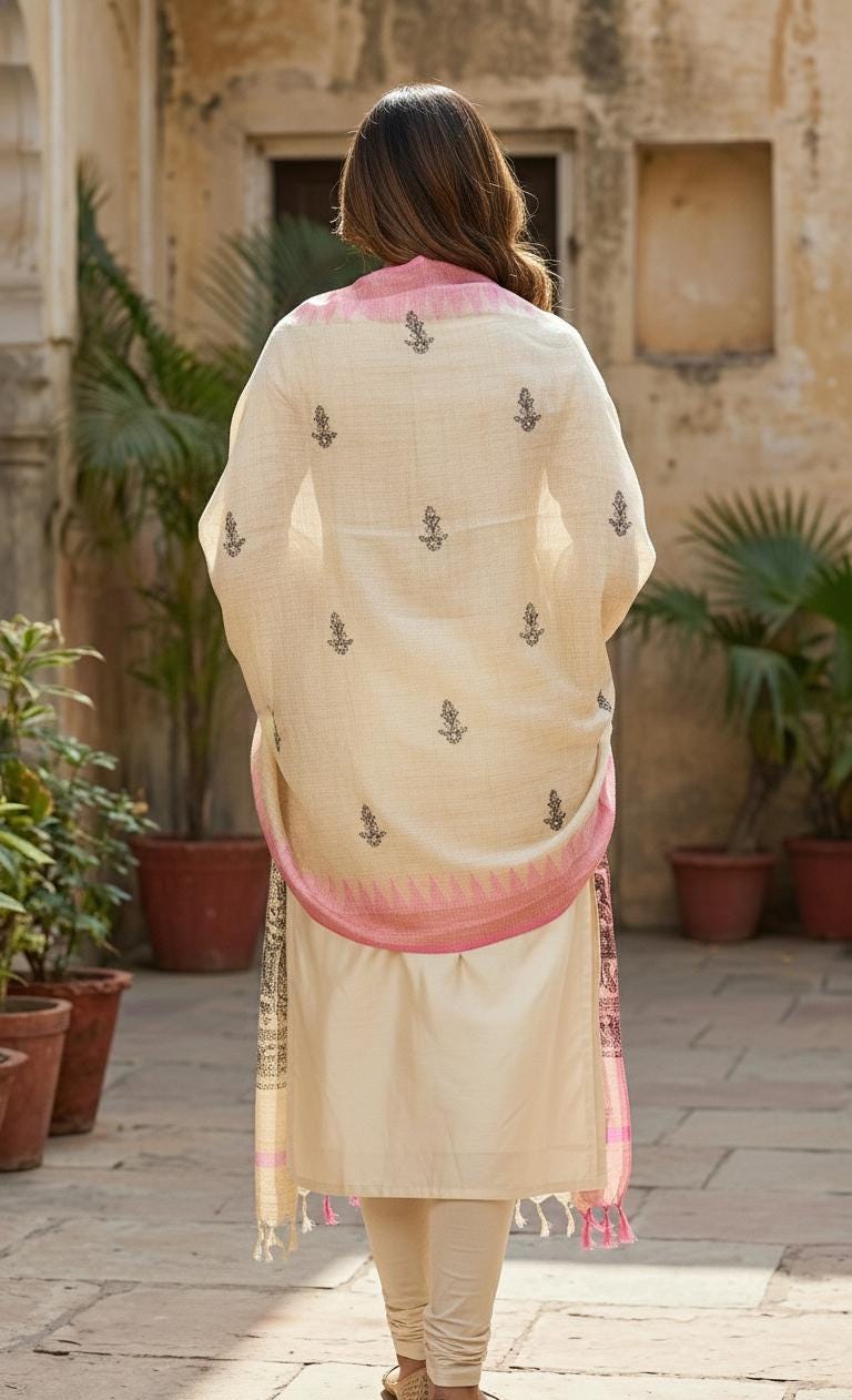 Hand Painted Madhubani Tussar Ghicha Silk Dupatta with Pink Border