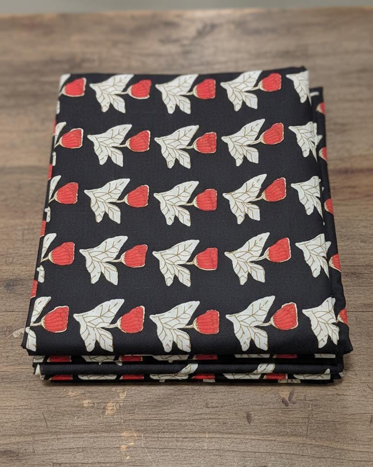 Sanganeri Midnight Floral Cotton Fabric - Red & Cream Botanical Print