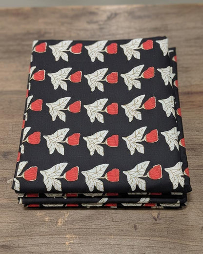 Sanganeri Midnight Floral Cotton Fabric - Red & Cream Botanical Print