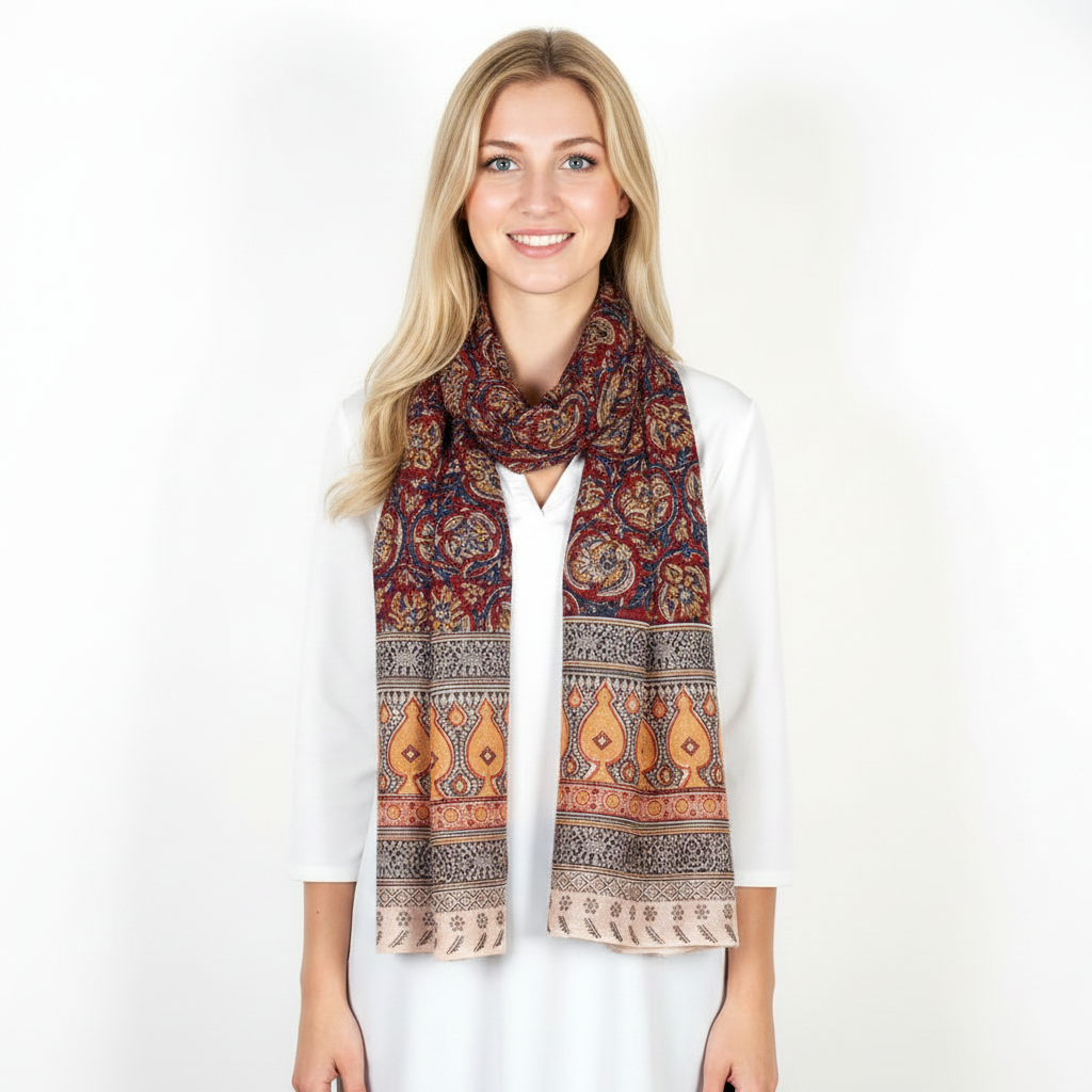 Woman wearing a patterned scarf on a white background