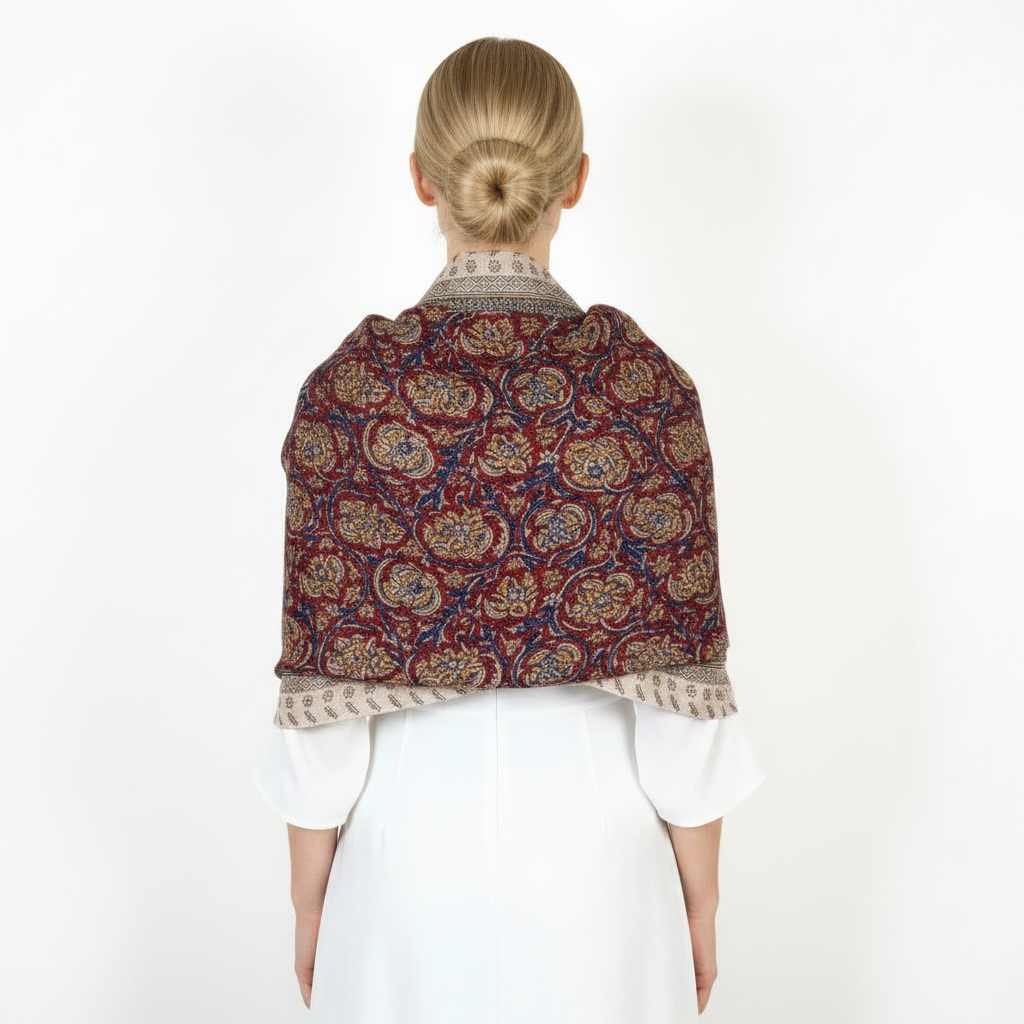 Person wearing a patterned shawl over a plain background