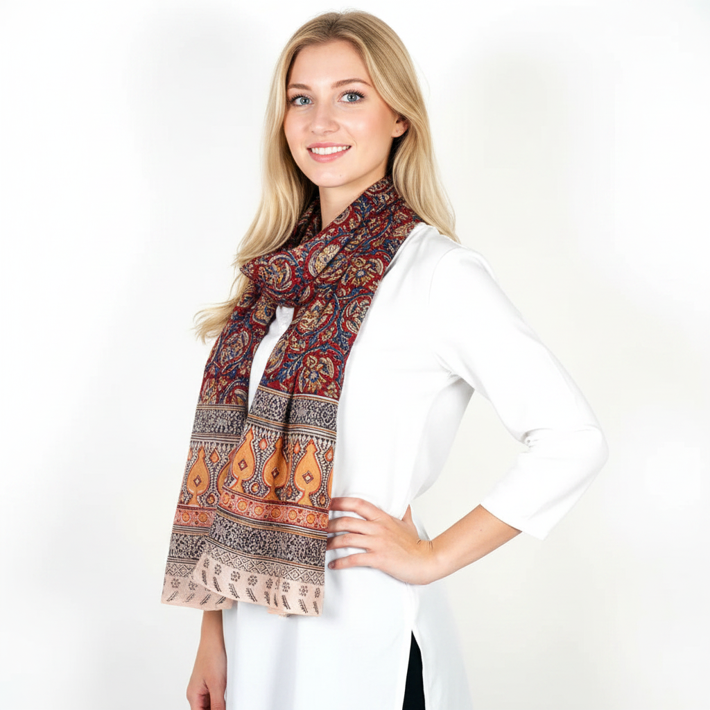 Woman wearing a patterned scarf on a white background
