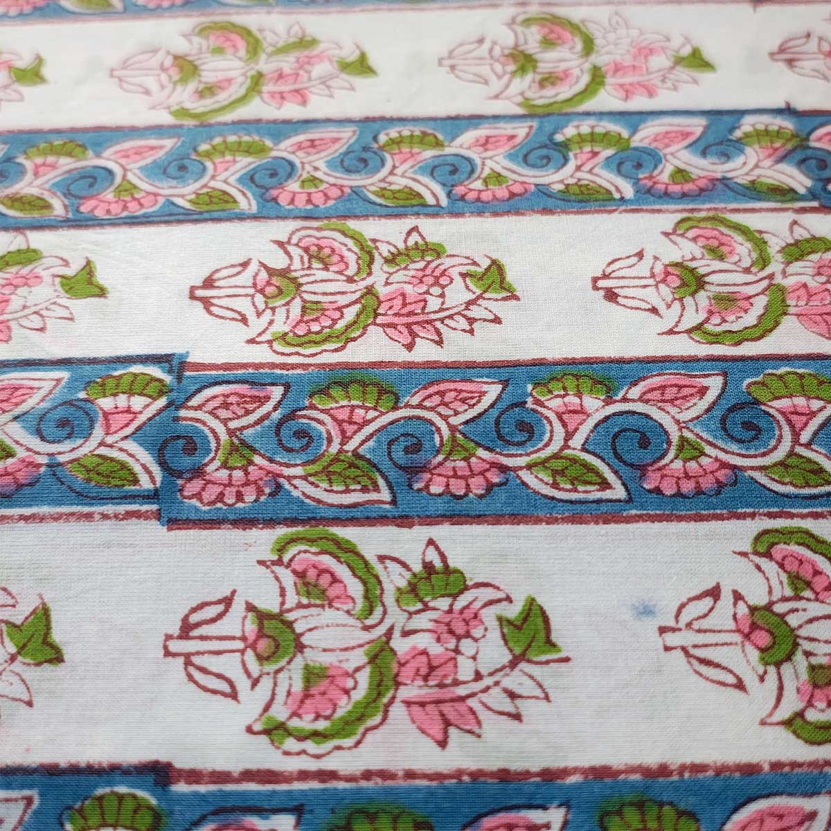 Handmade Bagru Print Textile –  White And Blue Floral Print Cotton Material