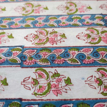 Handmade Bagru Print Textile –  White And Blue Floral Print Cotton Material